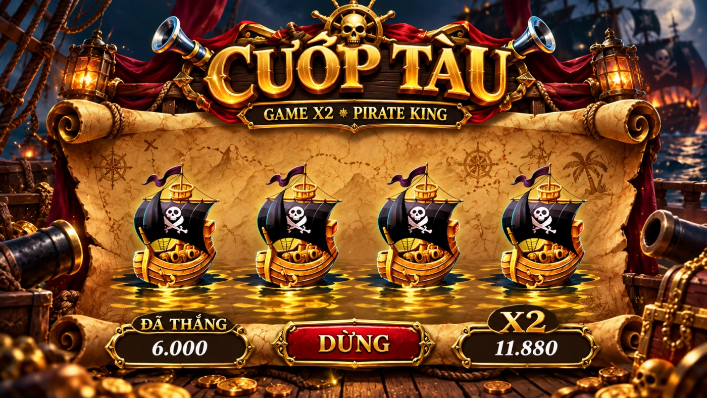 Màn cướp tàu Game X2 Pirate King: 4 tàu gồm 2 rương vàng và 2 đầu lâu, nhận 1,98 lần