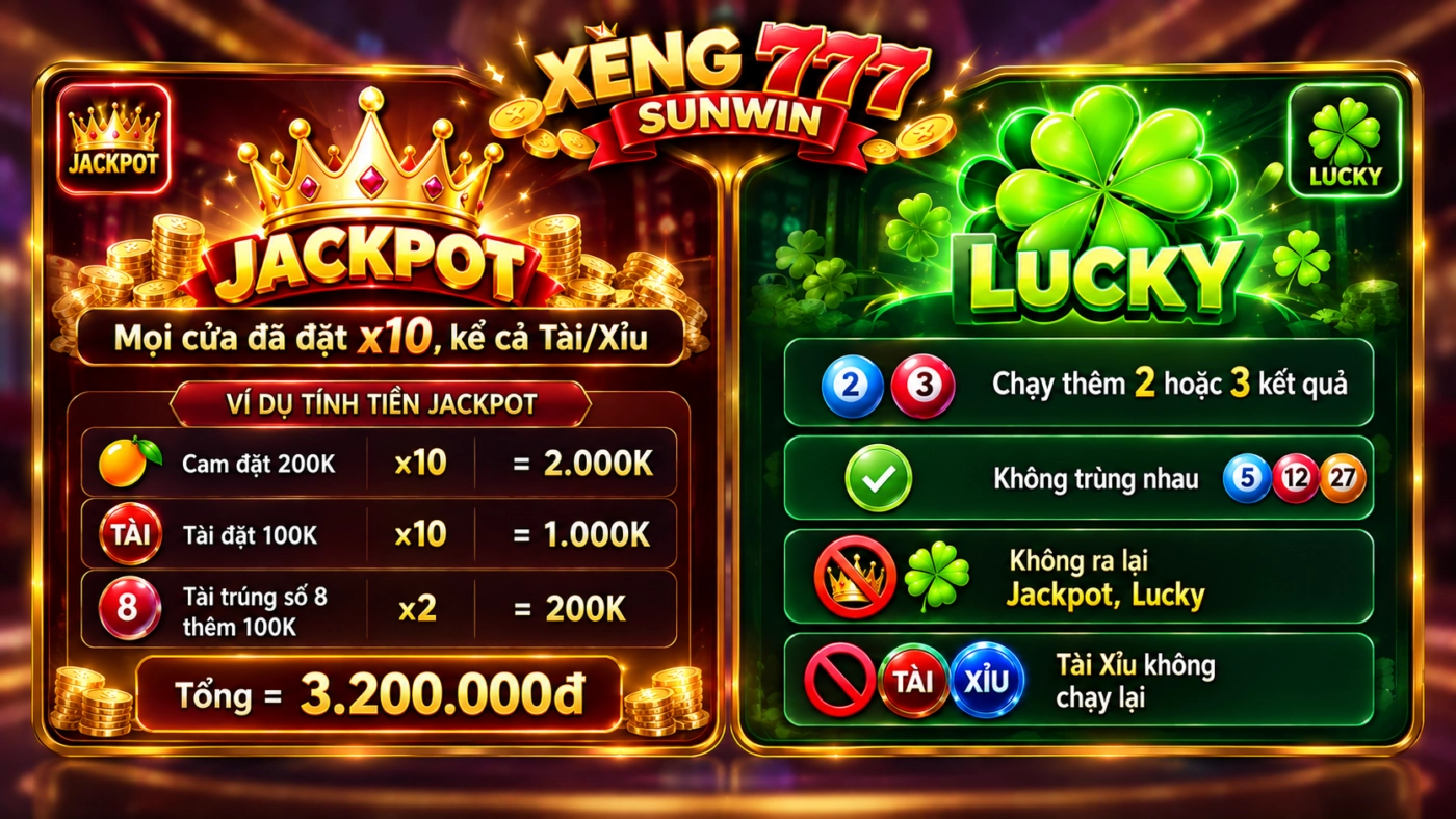 Jackpot x10 và Lucky trong xèng 777 Sunwin, ví dụ tính tiền Jackpot