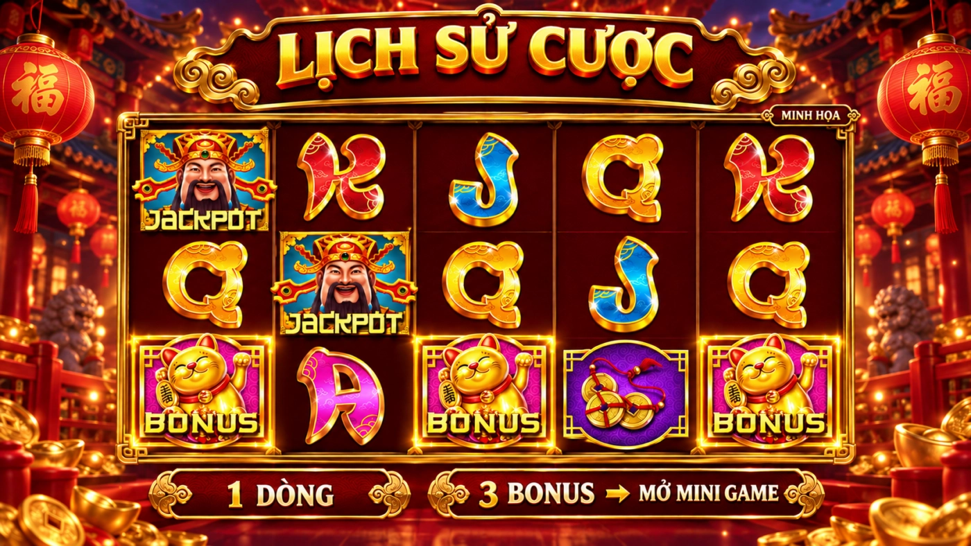 Lịch sử cược nổ hũ Thần Tài Sunwin phiên có 3 Bonus mèo thần tài mở mini game khi chơi 1 dòng