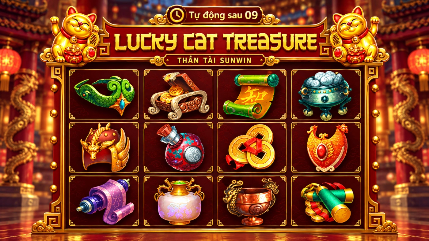 Mini game Lucky Cat Treasure nổ hũ Thần Tài với 12 vật phẩm úp và đồng hồ đếm ngược