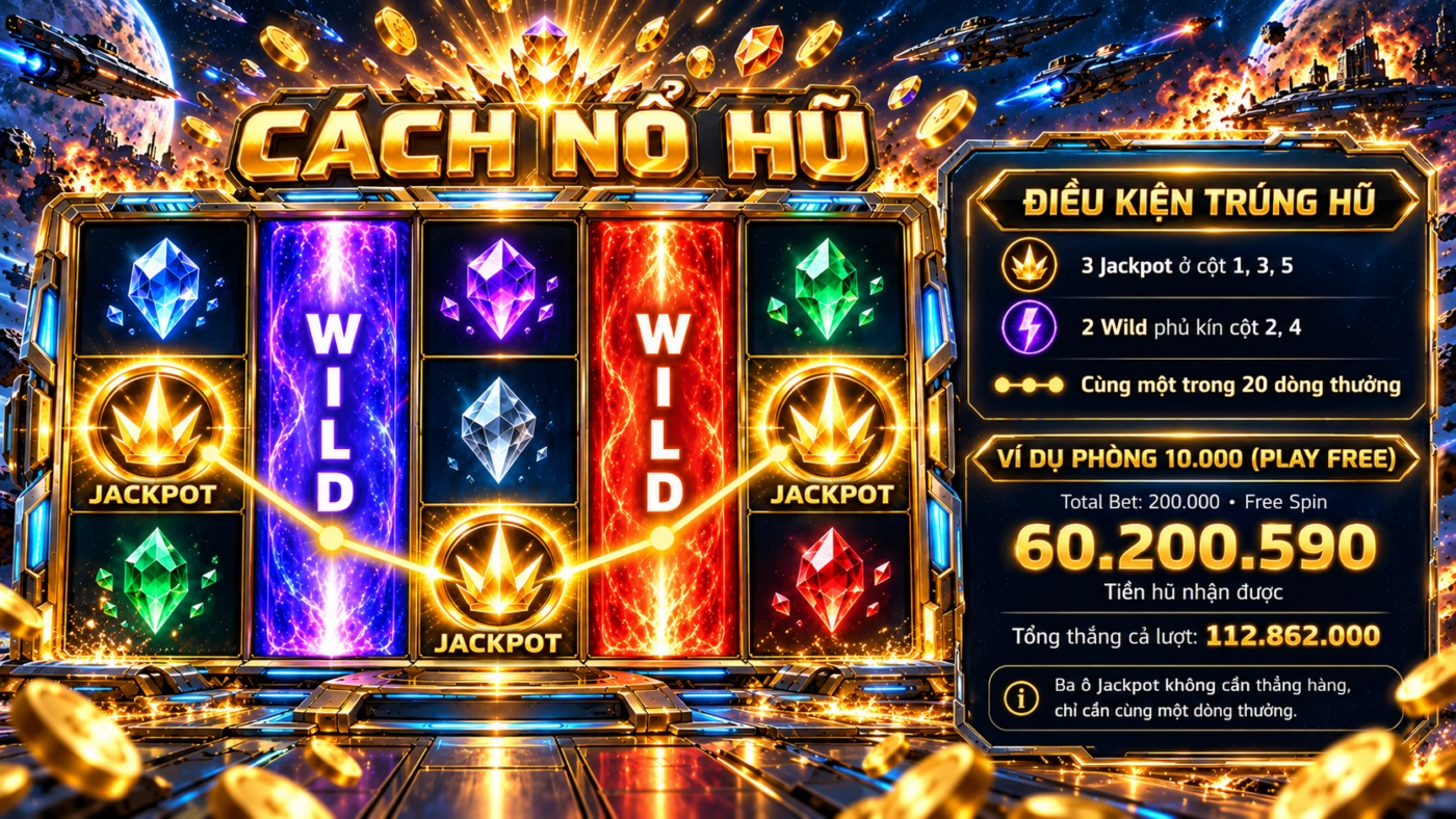 Cách nổ hũ Avengers Sunwin: 3 Jackpot ở cột 1, 3, 5 và 2 Wild phủ cột 2, 4 trên cùng một dòng thưởng