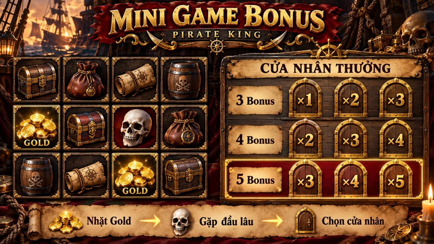 Mini game Bonus Pirate King: 12 đồ vật chứa Gold hoặc đầu lâu và cửa nhân thưởng x1 đến x5