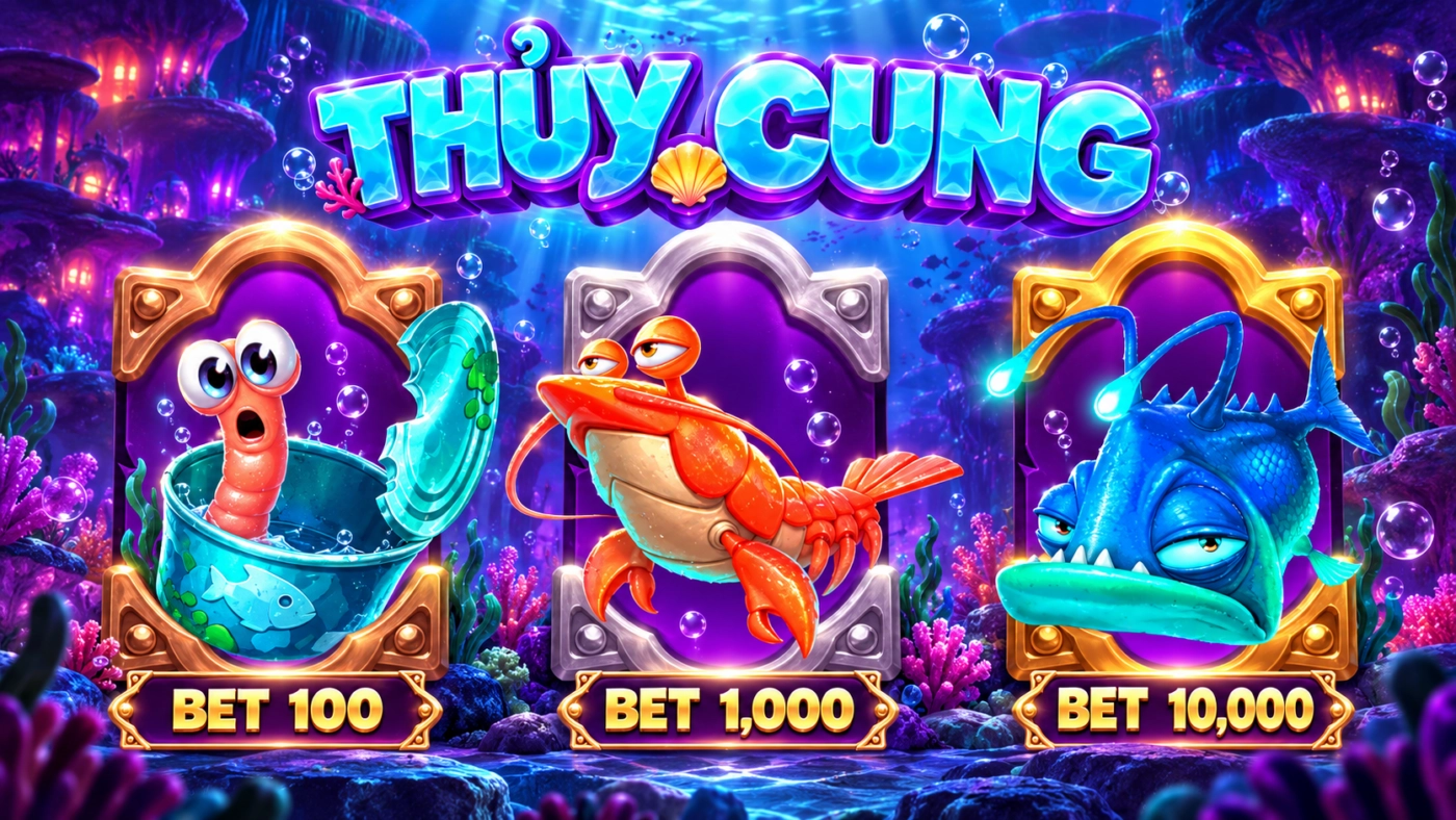 Sảnh nổ hũ Thủy Cung Sunwin với 3 phòng cược 100, 1.000, 10.000 và linh vật giun trong bát, tôm hùm, cá lồng đèn