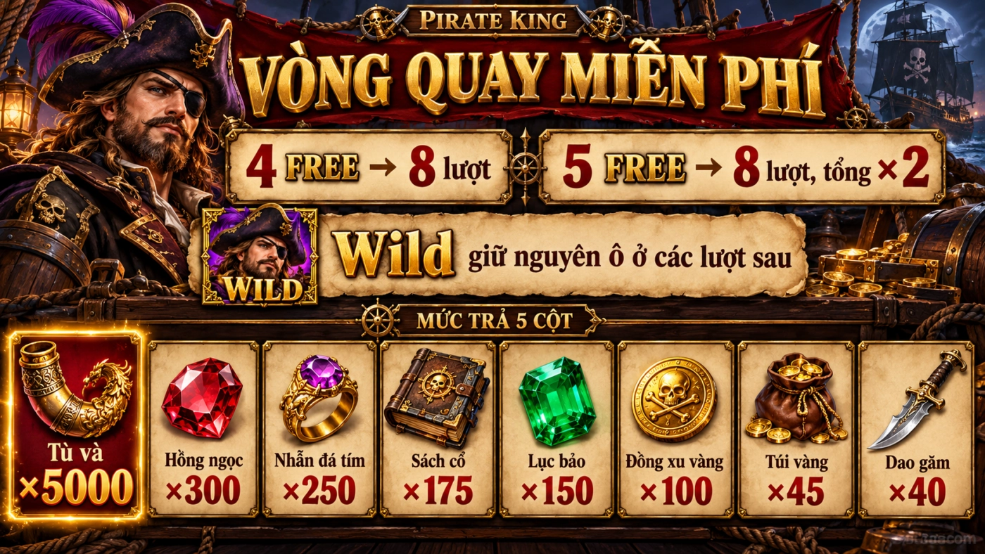 Vòng quay miễn phí Pirate King: 4 Free 8 lượt, 5 Free 8 lượt x2, Wild giữ nguyên